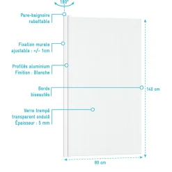 Pare-baignoire rabattable 140 x 80 cm, profilés alu blanc, verre ondulé, Galedo Wave