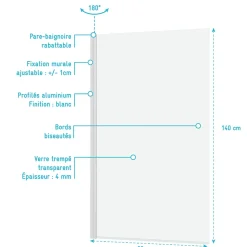 Pare-baignoire rabattable 140 x 80 cm, profilés alu blanc mat, Galedo Essentiel