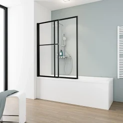 Pare-baignoire rabattable et coulissant 2 volets, 70 -118 x 140 cm, style industriel, verre transparent 3 mm, profilé noir, Schulte