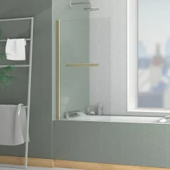 Pare-baignoire rabattable 120 x 70 cm, profilés alu doré brossé, porte-serviette, Galedo Essentiel