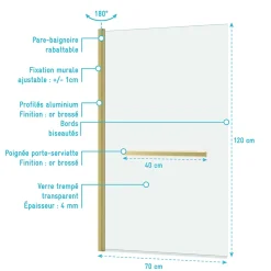 Pare-baignoire rabattable 120 x 70 cm, profilés alu doré brossé, porte-serviette, Galedo Essentiel