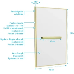 Pare-baignoire rabattable 130 x 75 cm, profilés alu doré brossé, porte-serviette/étagère, Galedo Golden Edge