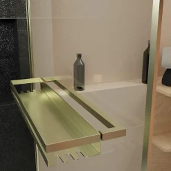 Pare-baignoire rabattable 130 x 75 cm, profilés alu doré brossé, porte-serviette/étagère, Galedo Golden Edge