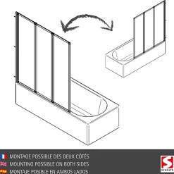 Pare-baignoire Schulte - 127x120 cm - réversible - rabattable - volet pivotant - verre 3 mm - transparent - blanc