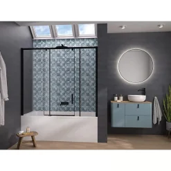 Pare-bain Kinedo Smart Design Pegasus coulissant pose entre 2 murs 180x148 gris noir grainé verre transparent partie fixe à gauche