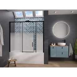 Pare-bain Kinedo Smart Design Pegasus coulissant pose entre 2 murs 180x148 gris noir grainé verre sérigraphié partie fixe à gauche