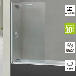 Paroi de baignoire fixe + pivotant gauche en verre sécurité ép 6mm anti calcaire, L85 x H147 cm, chrome, SUPERBAN Alsace Sport