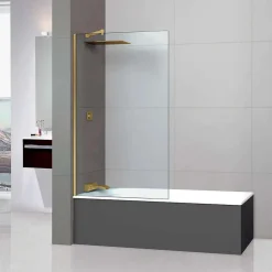 Paroi de baignoire fixe en verre sécurité transparent ép 6mm anti calcaire, L100 x H147 cm, or brossé, SUPERBAN Mont Blanc CC