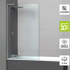 Paroi de baignoire fixe en verre sécurité transparent ép 6mm anti calcaire, L100 x H147 cm, chrome, SUPERBAN Mont Blanc E