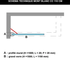 Paroi de baignoire fixe en verre sécurité transparent ép 8mm anti calcaire, L110 x H147 cm, noir mat, SUPERBAN Mont Blanc CC