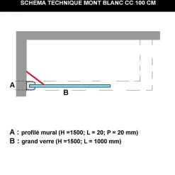 Paroi de baignoire fixe en verre sécurité transparent ép 6mm anti calcaire, L100 x H147 cm, chrome, SUPERBAN Mont Blanc CC
