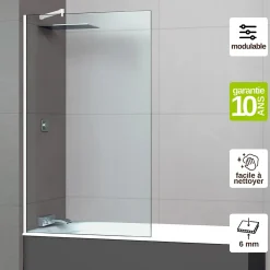 Paroi de baignoire fixe en verre sécurité transparent ép 6mm anti calcaire, L110 x H147 cm, blanc brillant, SUPERBAN Mont Blanc CC