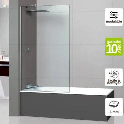 Paroi de baignoire fixe en verre sécurité transparent ép 6mm anti calcaire, L120 x H147 cm, chrome, SUPERBAN Mont Blanc CC