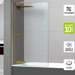 Paroi de baignoire fixe en verre sécurité transparent ép 8mm anti calcaire, L120 x H147 cm, or brossé, SUPERBAN Mont Blanc CC