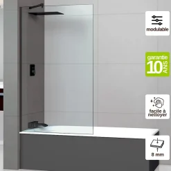Paroi de baignoire fixe en verre sécurité transparent ép 8mm anti calcaire, L100 x H147 cm, noir mat, SUPERBAN Mont Blanc CC