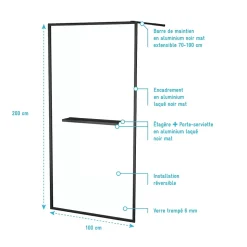 Paroi de douche à l'italienne fixe 100 x 200 cm, noir mat, Galedo Dark Edge Shelf
