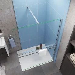 Paroi de douche à l'italienne Chrome 140x200cm - 8mm verre anticalcaire + Barre de fixation 90cm + Étagère de Douche 140cm alu