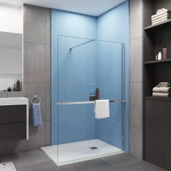 Paroi de douche à l'italienne Chrome 140x200cm - 8mm verre anticalcaire + Barre de fixation 140cm + Étagère de Douche 140cm