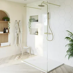 Paroi de douche à l'italienne centrale l.120 x 195 cm, profilés alu doré brossé, GoodHome Ledava