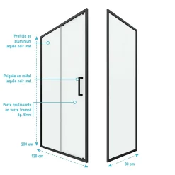 Paroi de douche 1 porte coulissante + Retour 120x80x200 cm - Verre 6 mm - Profilé Noir - CRUSH