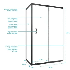 Paroi de douche 1 porte coulissante + Retour 120x90x200 cm - Verre 6 mm - Profilé Noir - CRUSH