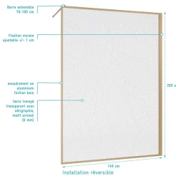 Paroi de douche 140 x 200 HINATA - style Japandi courbes douces - Cadre effet Bois - Verre 6mm