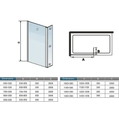 Paroi de douche avec 30 cm retour pivotant - 70 x 200 cm - 8 mm Verre effet Brume, finition chrome avec barre de fixation 140cm