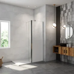 Paroi de douche avec 40 cm retour pivotant - 80 x 200 cm - 8 mm Verre effet Brume, finition chrome avec barre de fixation 140cm