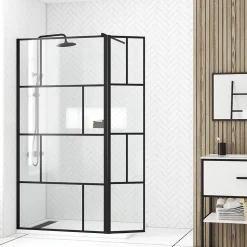 Paroi de douche avec pivot 80+40x195cm - Sérigraphie type Briques et Profilés Noir - DARK BLOCKS