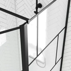 Paroi de douche avec pivot 80+40x195cm - Sérigraphie type Briques et Profilés Noir - DARK BLOCKS