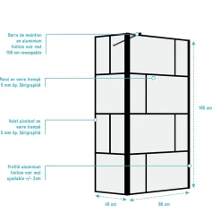 Paroi de douche avec pivot 80+40x195cm - Sérigraphie type Briques et Profilés Noir - DARK BLOCKS