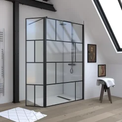 Paroi de douche avec pivot 120+40x195cm - Sérigraphie type Briques et Profilés Noir - DARK BLOCKS