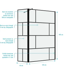 Paroi de douche avec pivot 120+40x195cm - Sérigraphie type Briques et Profilés Noir - DARK BLOCKS