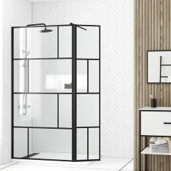 Paroi de douche avec pivot 100+40x195cm - Sérigraphie type Briques et Profilés Noir - DARK BLOCKS