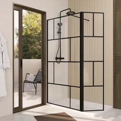 Paroi de Douche avec Volet Pivotant 120+40x195cm - Verre 8mm Anticalcaire - Motifs et Profilés Noir