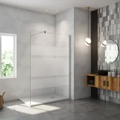 Paroi de douche chrome 120x190cm,6mm verre anticalcaire avec bandes horizontales sérigraphiées,barre de fixation 140cm en carré