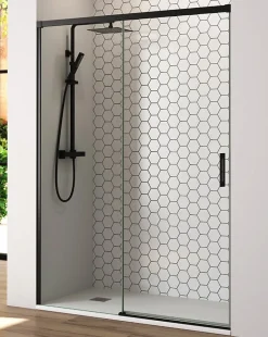 Paroi de douche coulissante 1 porte 1 fixe 1 porte 175 cm (Adaptable 169-174cm) Verre 6 mm clair anti-calcaire Perfil Negro