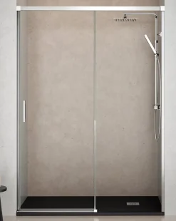 Paroi de douche coulissante 1 porte 1 fixe 1 porte 140 cm (Adaptable 134-139cm) Verre 6 mm clair anti-calcaire Profil Chrome