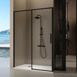 Paroi de douche coulissante DELTA - Noir Mat - 113-115.6 cm - Fermeture amortie - Réversible - Anticalcaire