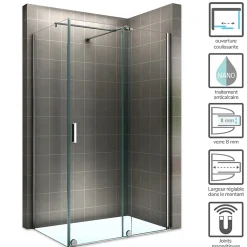 Paroi de douche d'angle NAPOLI H.200 cm porte coulissante verre 8 mm transparent 90 x 160 cm (porte 160) - Saniverre