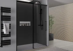 Paroi de douche en niche 195x110cm, profil noir mat, Verre gris 8mm, Cabine de douche encastrée porte coulissante - DX906 FLEX