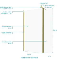 Paroi de Douche et Volet Pivotant 100+40x200 cm - Profilé + Barre de Fixation Or Doré Brossé