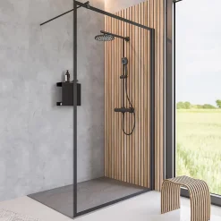 Paroi de douche fixe à l'italienne l.90xH.200cm, Walk In, verre transparent 6mm, profilé noir mat, Schulte NewStyle