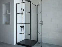Paroi de douche fixe avec porte pivotante serigraphiée noir mat - 80 x 80 x 190 cm - CAPARICA