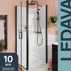 Paroi de douche fixe l.90 x H.195 cm, verre transparent, profilés alu noir, GoodHome Ledava