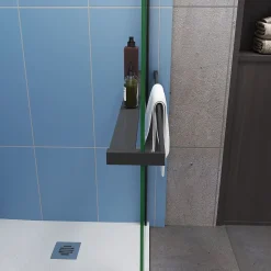 Paroi de douche fixe noir 100x200 cm verre 8mm anticalcaire style moderne + étagère alu 100 cm + barre fixation 73-120 cm