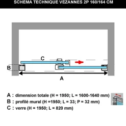 Paroi de douche porte coulissante DROITE en verre ép 6mm L160/164xH195 cm - profilé noir mat - SUPERBAN Vézannes 2P