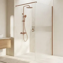 Paroi de douche 120x200 cm verre anticalcaire 6mm avec barre de fixation en aluminium Cuivre Brossé ESSEBAGNO