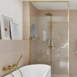 Paroi de douche 120x200 cm verre anticalcaire 6mm avec barre de fixation et cadre complet en aluminium Or Brossé ESSEBAGNO Square