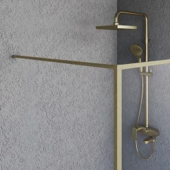 Paroi de douche 120x200 cm verre anticalcaire 6mm avec barre de fixation et cadre complet en aluminium Or Brossé ESSEBAGNO Square